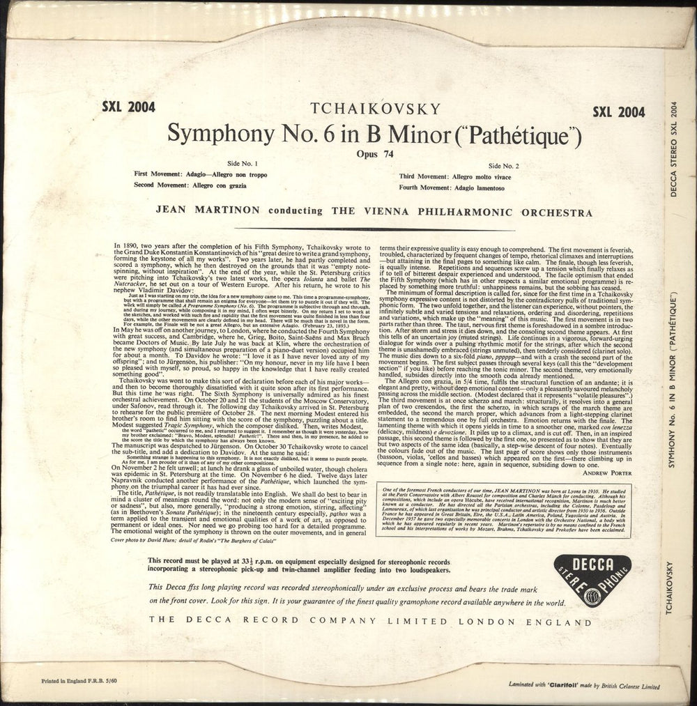 Pyotr Ilyich Tchaikovsky Tchaikovsky: Pathétique UK vinyl LP album (LP record)