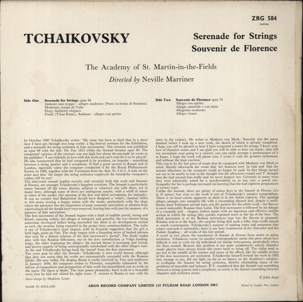 Pyotr Ilyich Tchaikovsky Tchaikovsky: Serenade For Strings / Souvenir De Florence UK vinyl LP album (LP record)