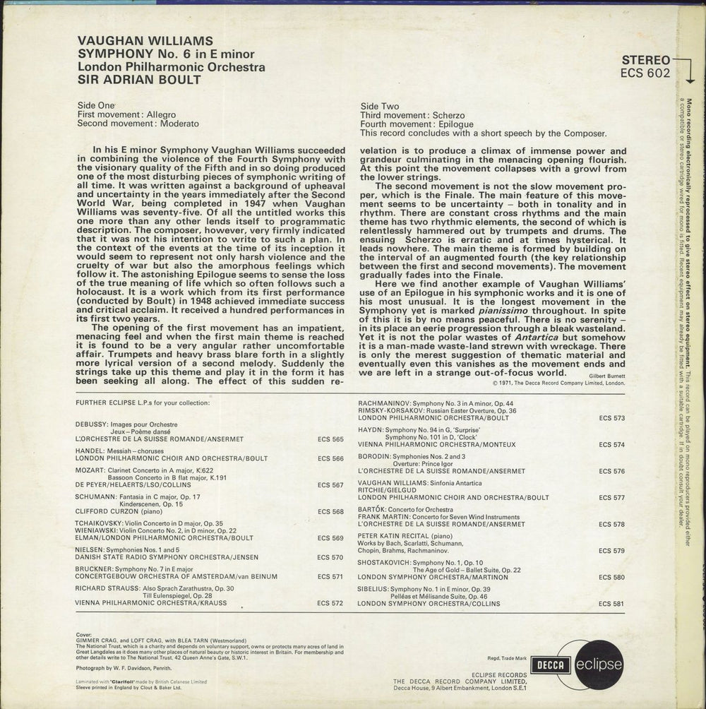 Ralph Vaughan Williams Symphony No. 6 in E Minor UK vinyl LP album (LP record)