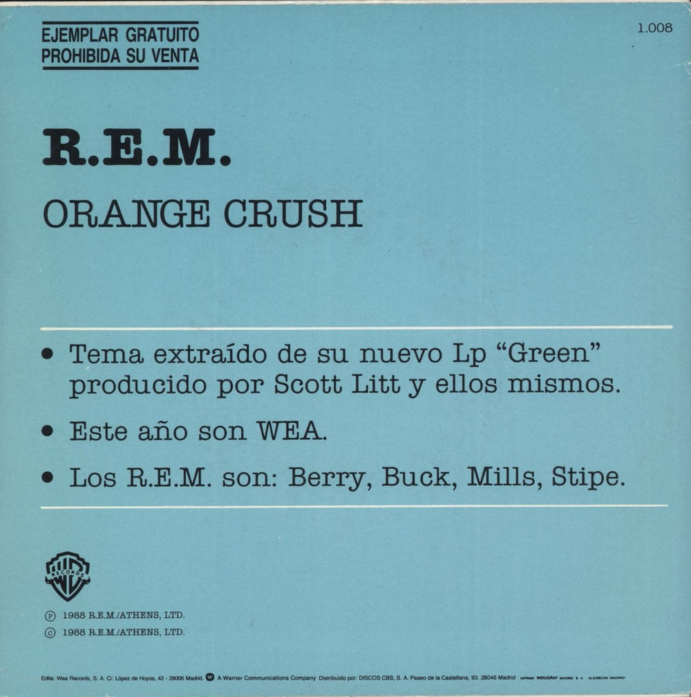 REM Orange Crush Spanish Promo 7" vinyl single (7 inch record / 45)