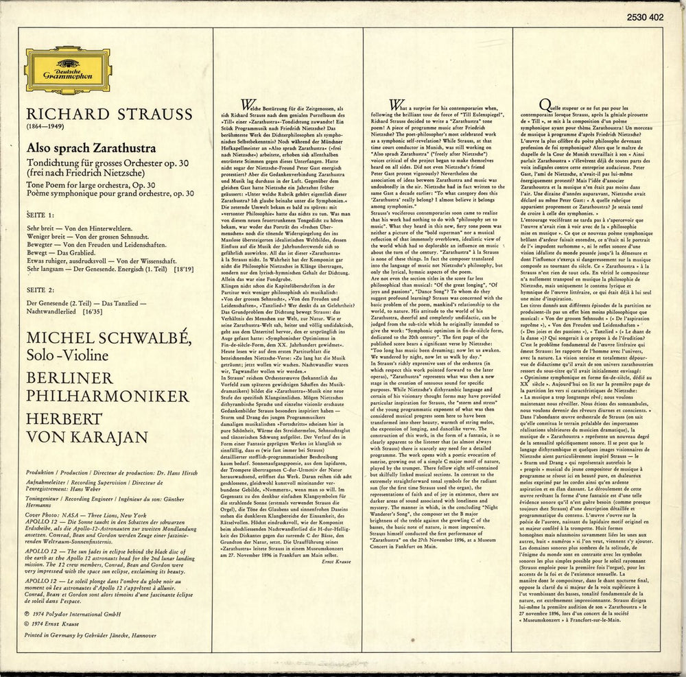 Richard Strauss Also Sprach Zarathustra German vinyl LP album (LP record)