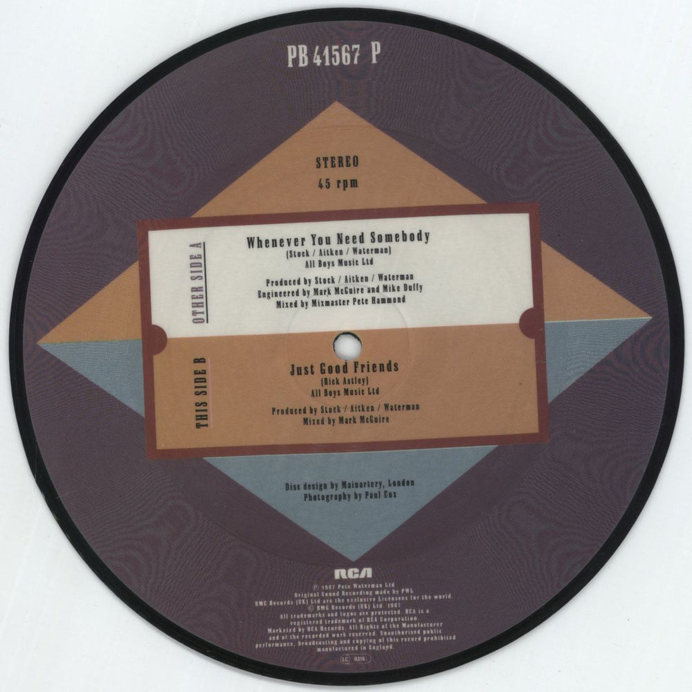 Rick Astley Whenever You Need Somebody UK 7" vinyl picture disc (7 inch picture disc single) 5012394156770