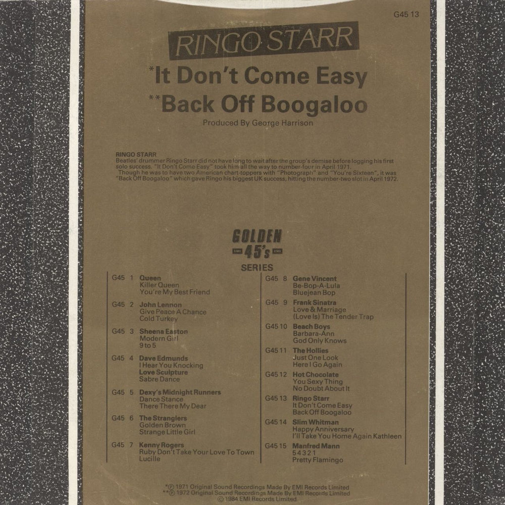 Ringo Starr It Don't Come Easy - Golden 45s - Solid UK 7" vinyl single (7 inch record / 45)