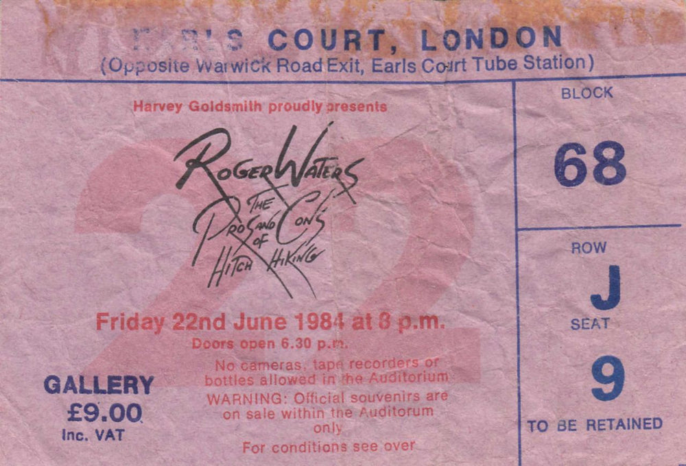 Roger Waters The Pros & Cons Of Hitch Hiking + ticket stub UK tour programme RWATRTH215456