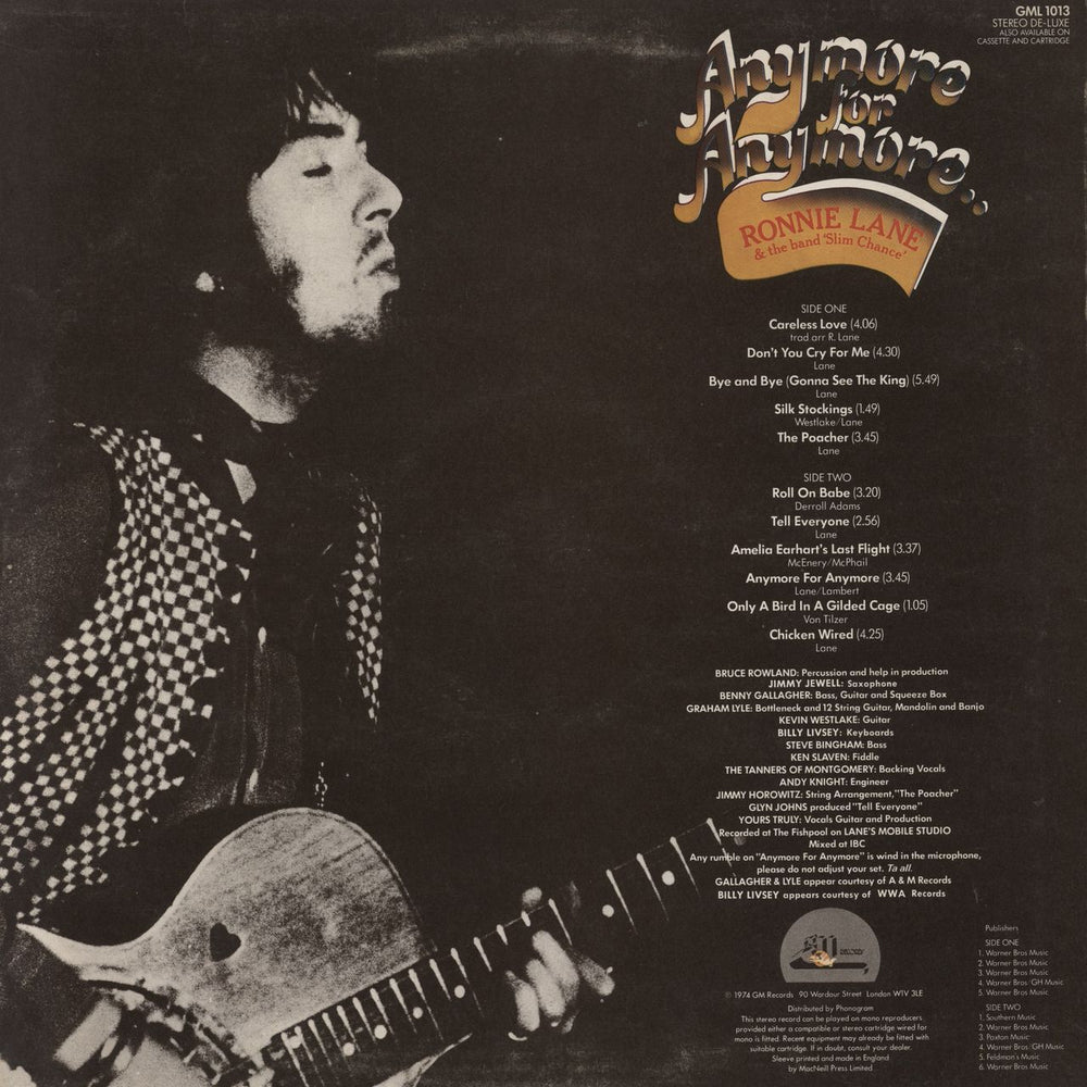 Ronnie Lane Anymore For Anymore - EX UK vinyl LP album (LP record)