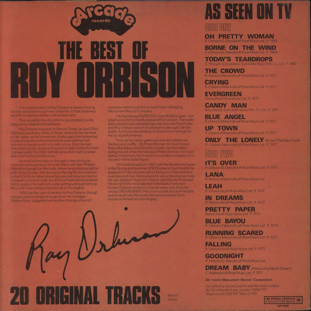 Roy Orbison The Best Of Roy Orbison UK vinyl LP album (LP record)