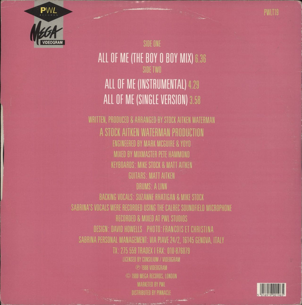 Sabrina All Of Me - Hype Sticker UK 12" vinyl single (12 inch record / Maxi-single) 5016919001965