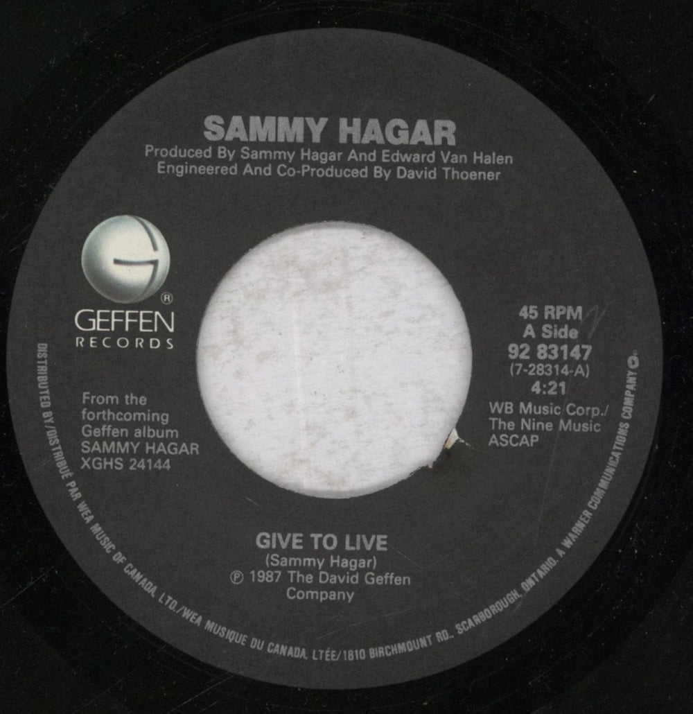 Sammy Hagar Give To Live Canadian 7" vinyl single (7 inch record / 45) 9283147