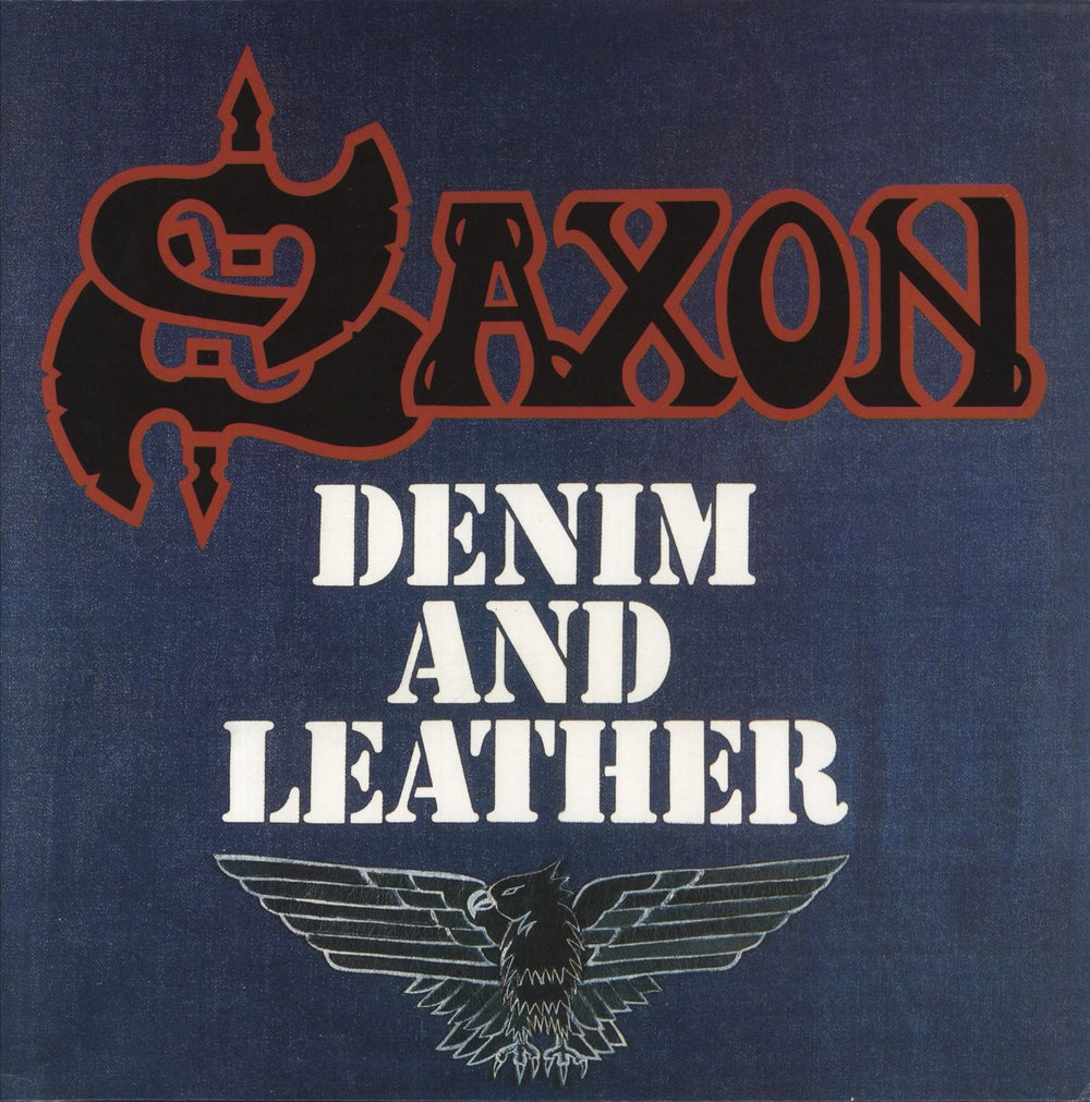 Saxon Denim And Leather - Blue & White Splatter Vinyl UK vinyl LP album (LP record) BMGCAT161LP