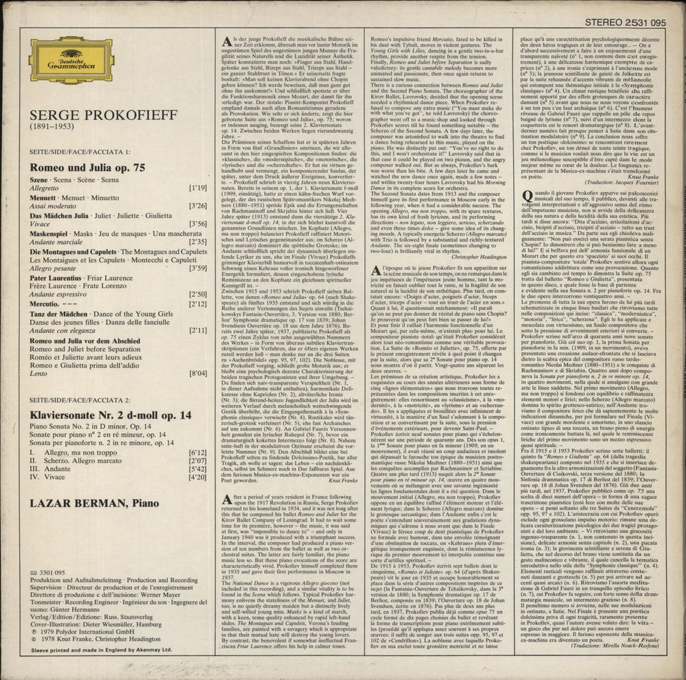 Sergei Prokofiev Prokofiev: Romeo Und Julia Op. 75 / Klaviersonate Nr. 2 D-Moll Op. 14 UK vinyl LP album (LP record)