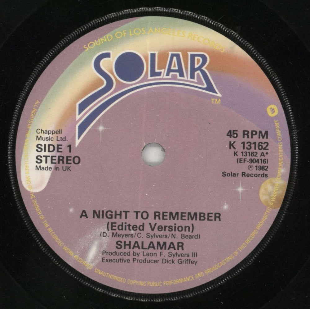 Shalamar A Night To Remember + Sleeve UK 7" vinyl single (7 inch record / 45) SHL07AN563225