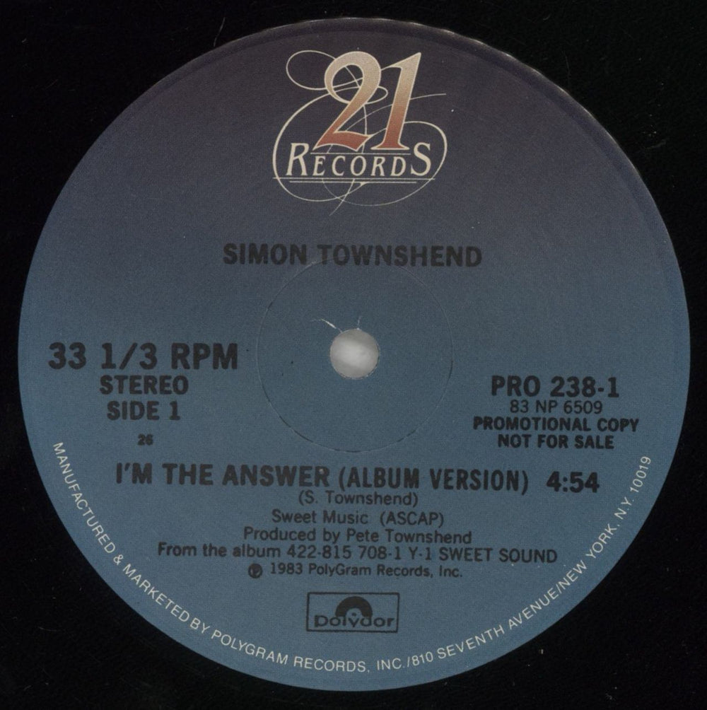 Simon Townshend I'm The Answer US Promo 12" vinyl single (12 inch record / Maxi-single) ITW12IM92599