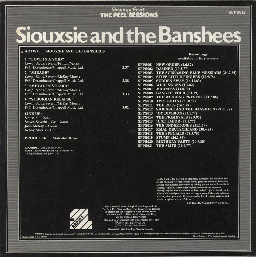 Siouxsie & The Banshees The Peel Sessions UK 12" vinyl single (12 inch record / Maxi-single)