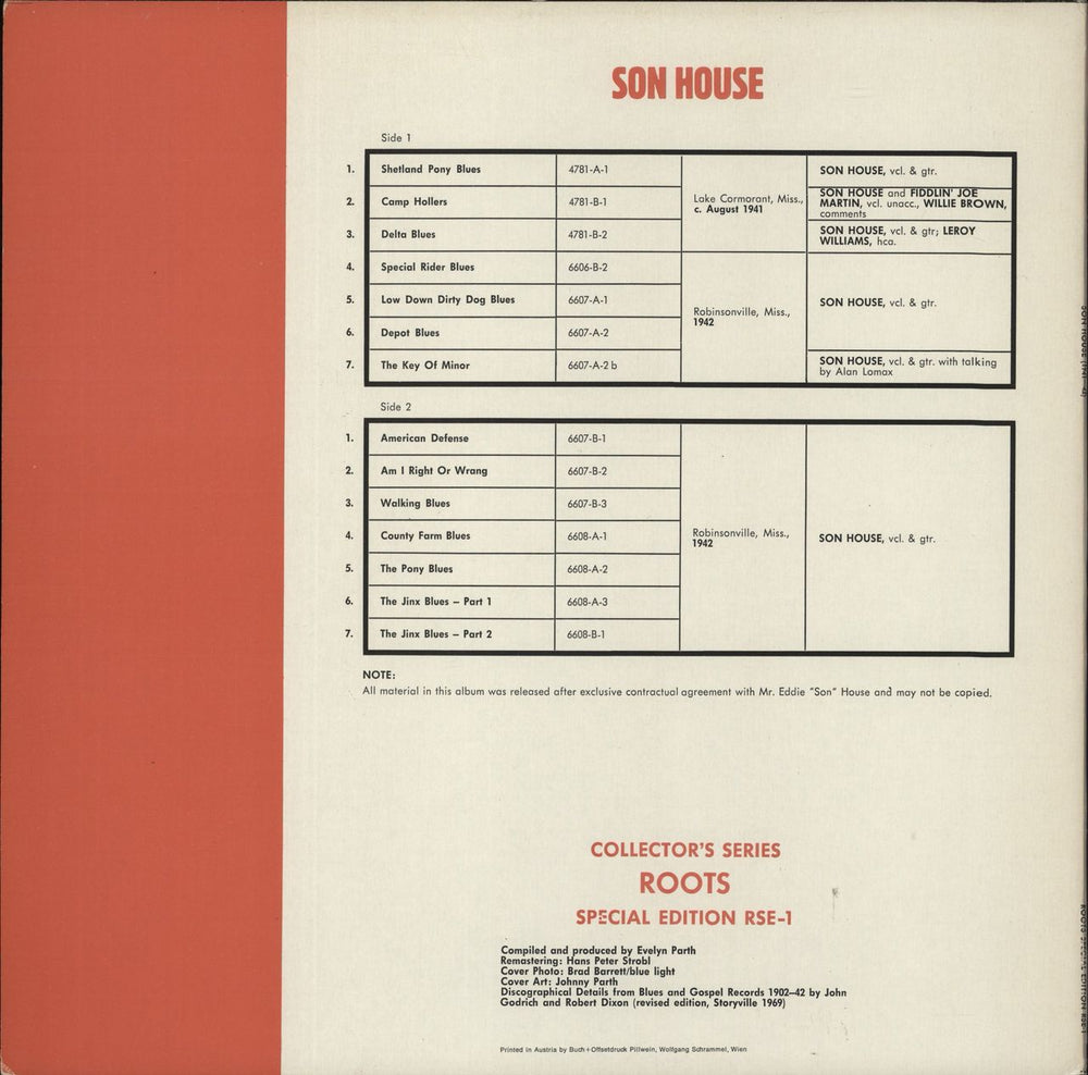 Son House The Legendary 1941-1942 Recordings In Chronological Sequence Austrian vinyl LP album (LP record)