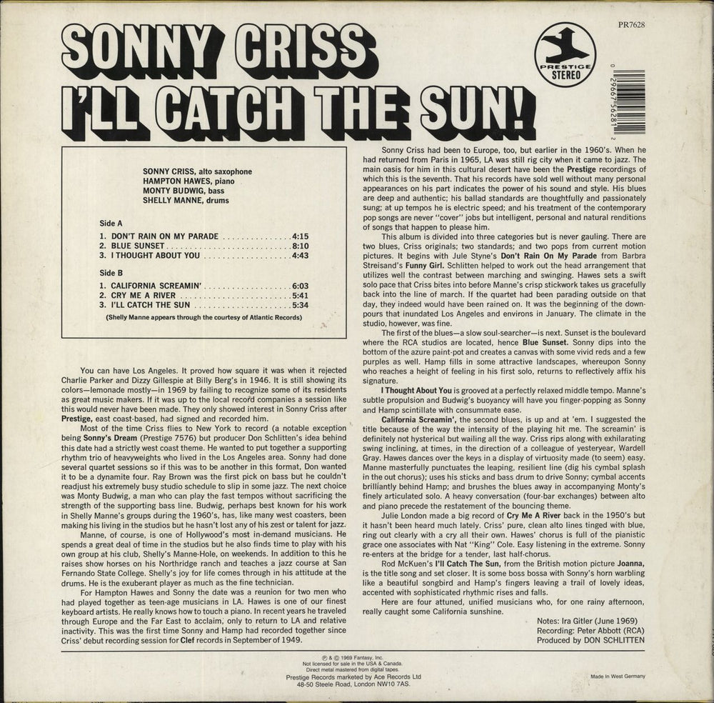 Sonny Criss I'll Catch The Sun! German vinyl LP album (LP record) 029667562812