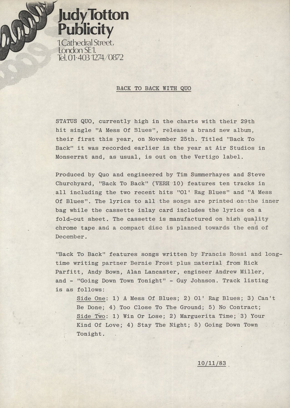 Status Quo Back To Back + PR UK vinyl LP album (LP record) 1983