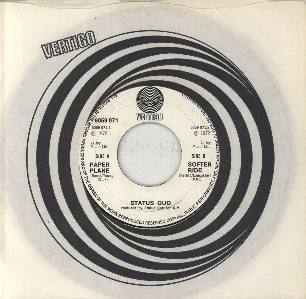 Status Quo Paper Plane - Wide UK 7" vinyl single (7 inch record / 45)