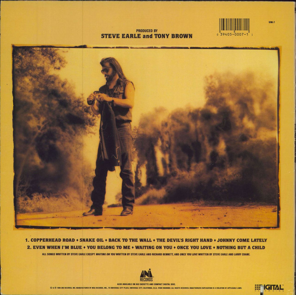 Steve Earle Copperhead Road + Inner US vinyl LP album (LP record) 039405000711