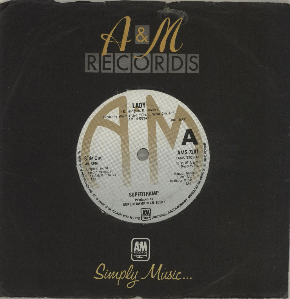 Supertramp Lady UK 7" vinyl single (7 inch record / 45) AMS7201