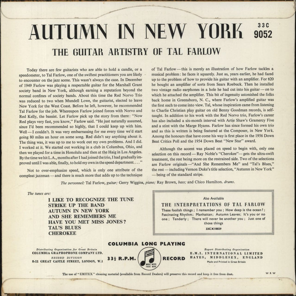 Tal Farlow Autumn In New York UK 10" vinyl single (10 inch record)