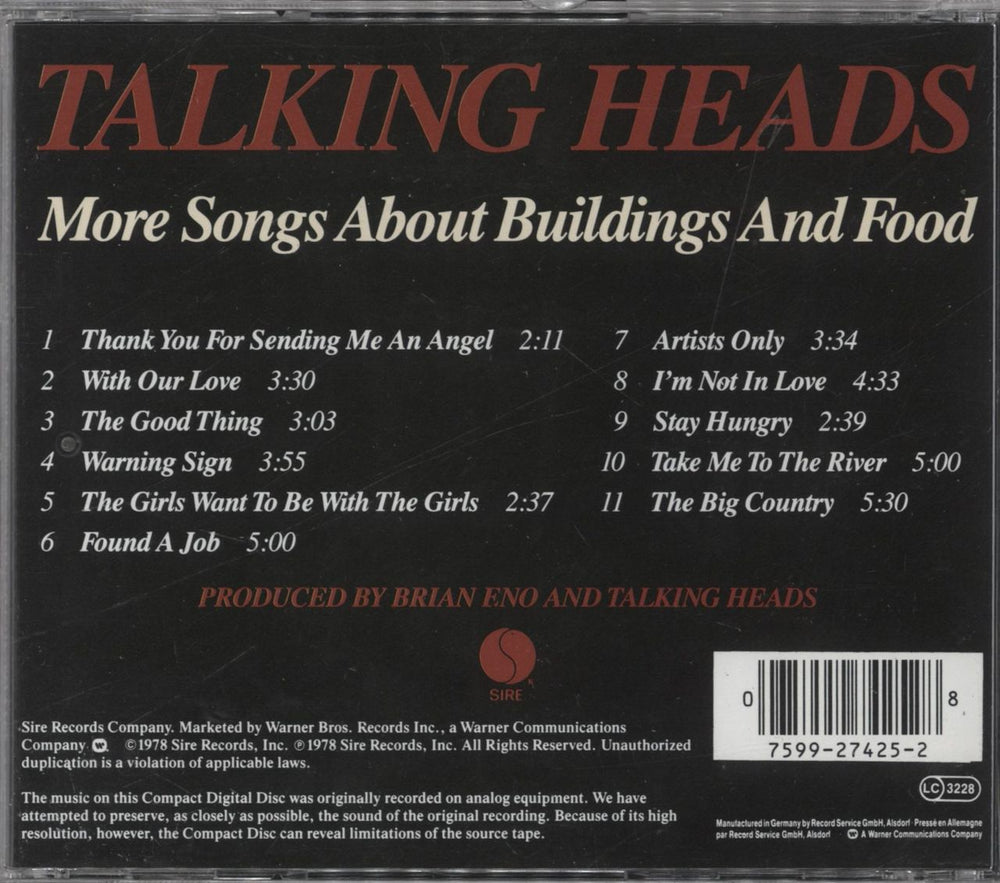 Talking Heads More Songs About Buildings And Food German CD album (CDLP) 075992742511