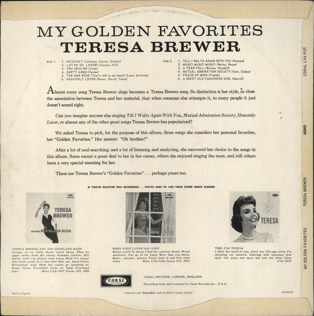 Teresa Brewer My Golden Favorites UK vinyl LP album (LP record)