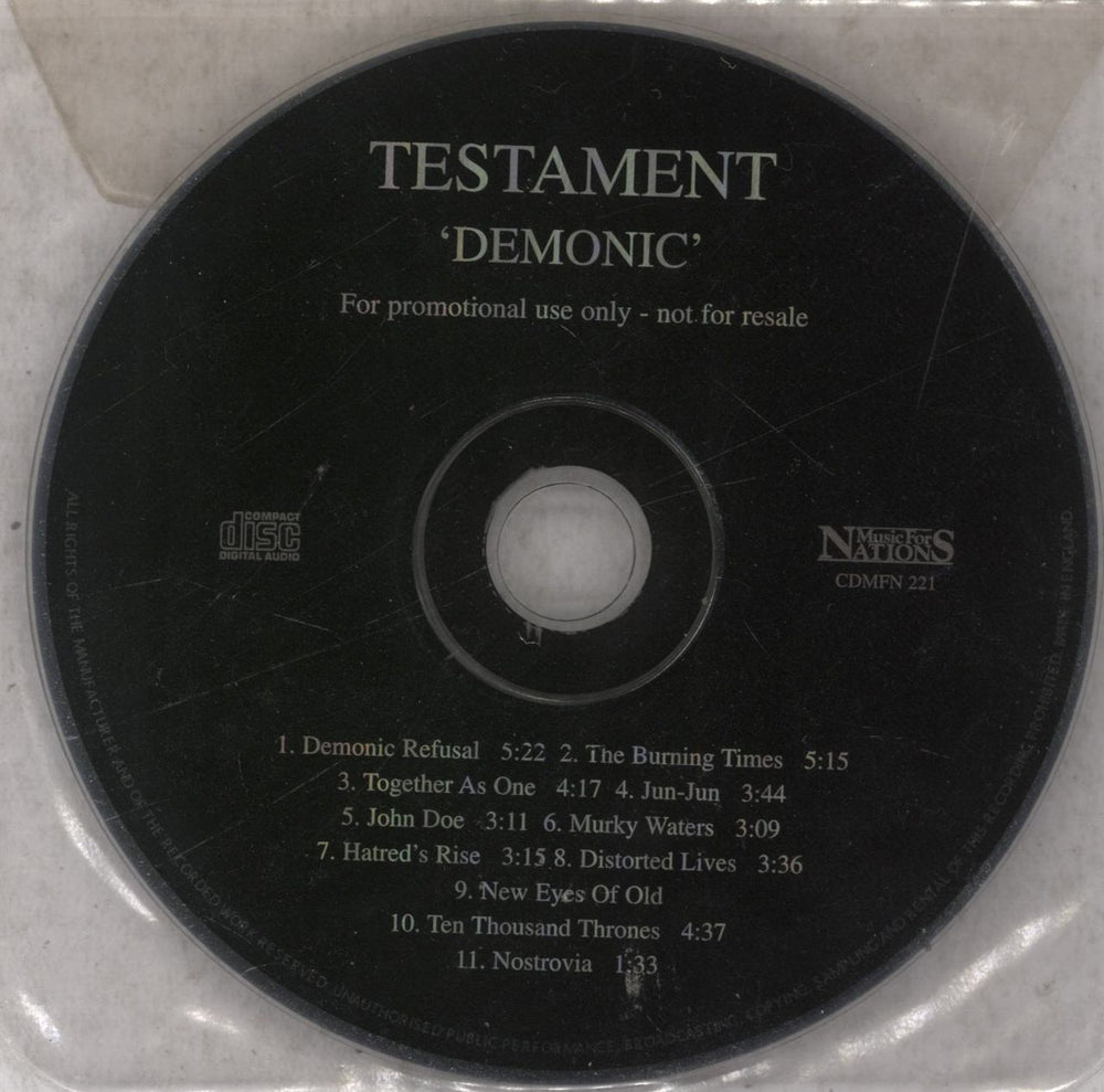 Testament Demonic German Promo CD album (CDLP) CDMFN221