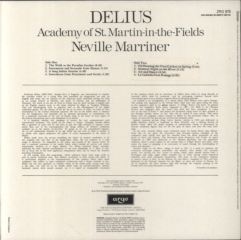 The Academy Of St. Martin-In-The-Fields Delius UK vinyl LP album (LP record)