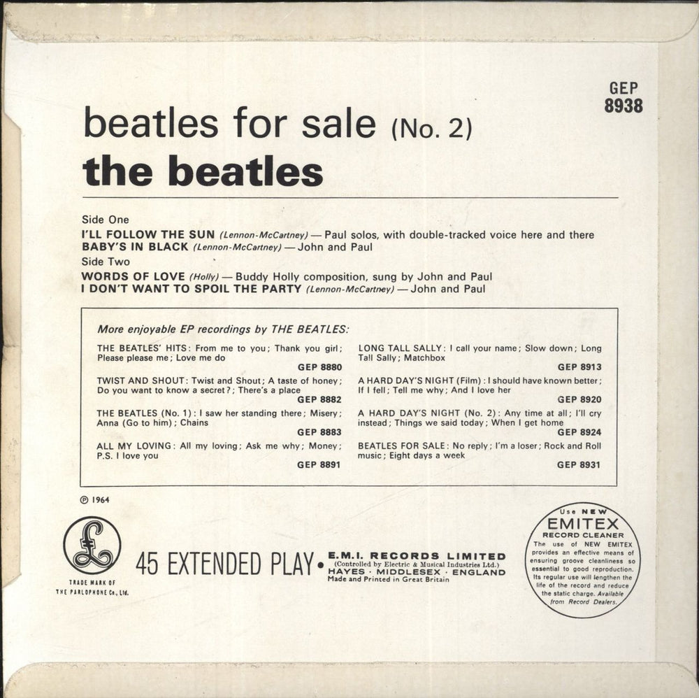 The Beatles Beatles For Sale No. 2 EP - 1st - Ex UK 7" vinyl single (7 inch record / 45)