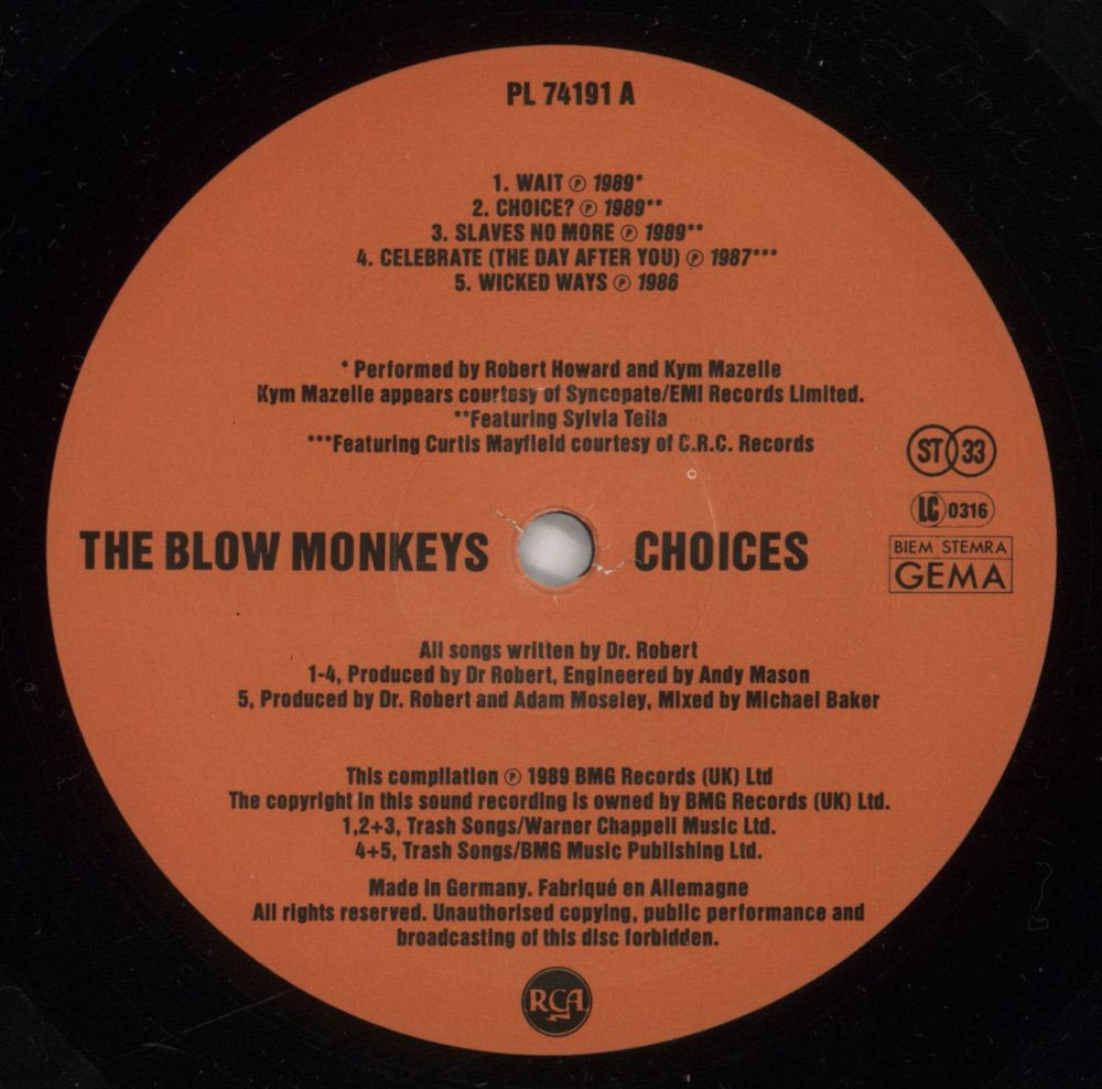 The Blow Monkeys Choices UK vinyl LP album (LP record) BLMLPCH102694