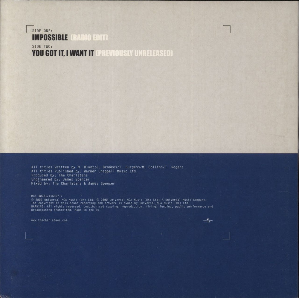 The Charlatans (UK) Impossible + Poster UK 7" vinyl single (7 inch record / 45) 601215699777