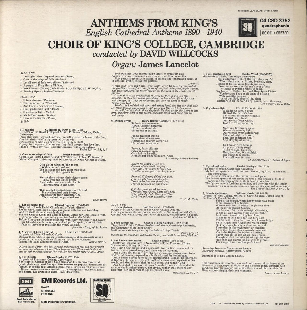 The Choir Of King's College, Cambridge Anthems From King's - Quad UK vinyl LP album (LP record)