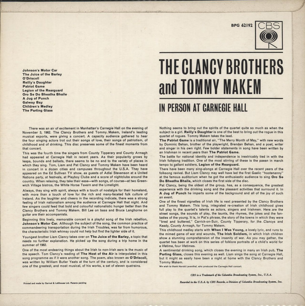 The Clancy Brothers & Tommy Makem In Person At Carnegie Hall UK vinyl LP album (LP record)