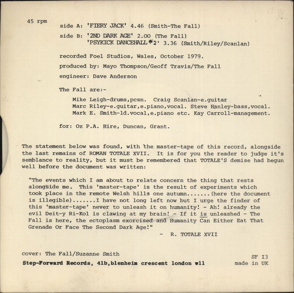 The Fall Fiery Jack - 2nd - EX UK 7" vinyl single (7 inch record / 45)