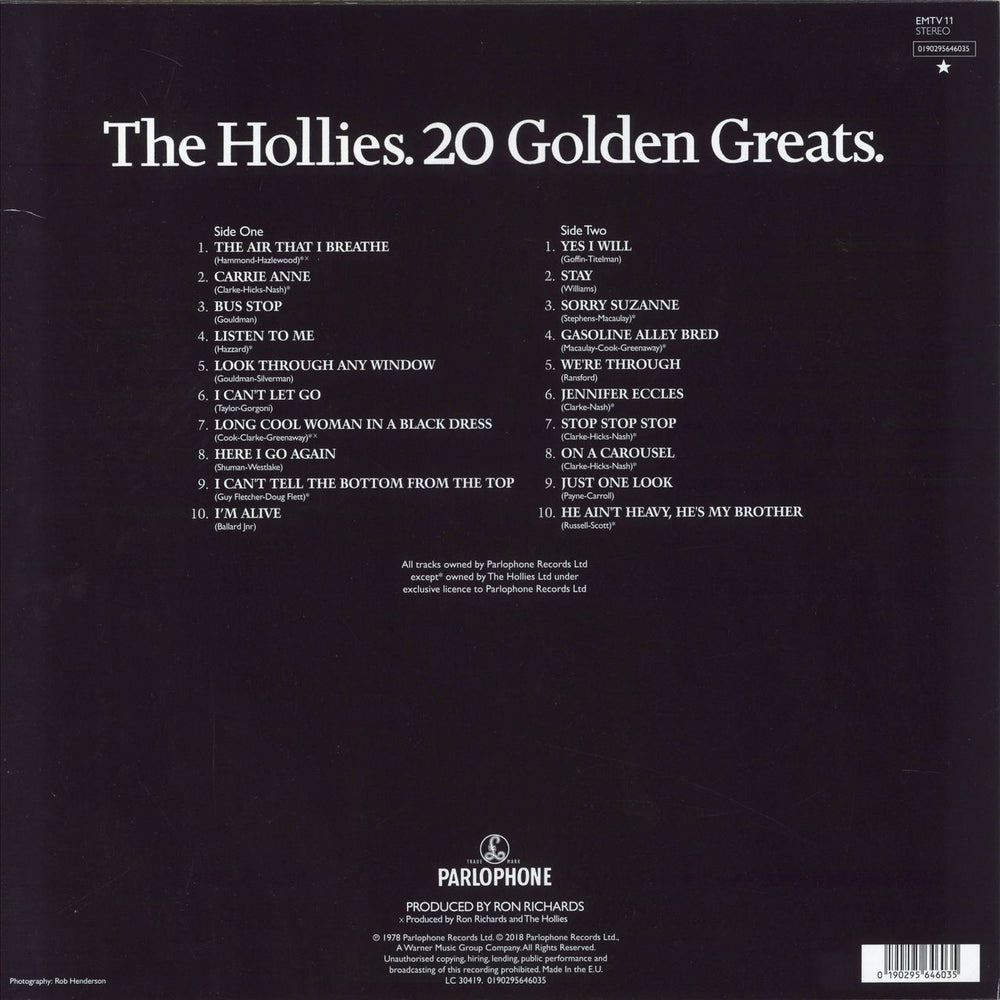 The Hollies 20 Golden Greats UK vinyl LP album (LP record) 0190295646035