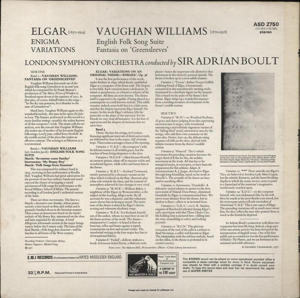 The London Symphony Orchestra Elgar: Enigma Variations / Vaughan Williams: English Folk Song Suite & Greensleeves UK vinyl LP album (LP record)
