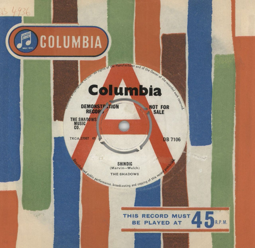 The Shadows Shindig UK Promo 7" vinyl single (7 inch record / 45) DB7106