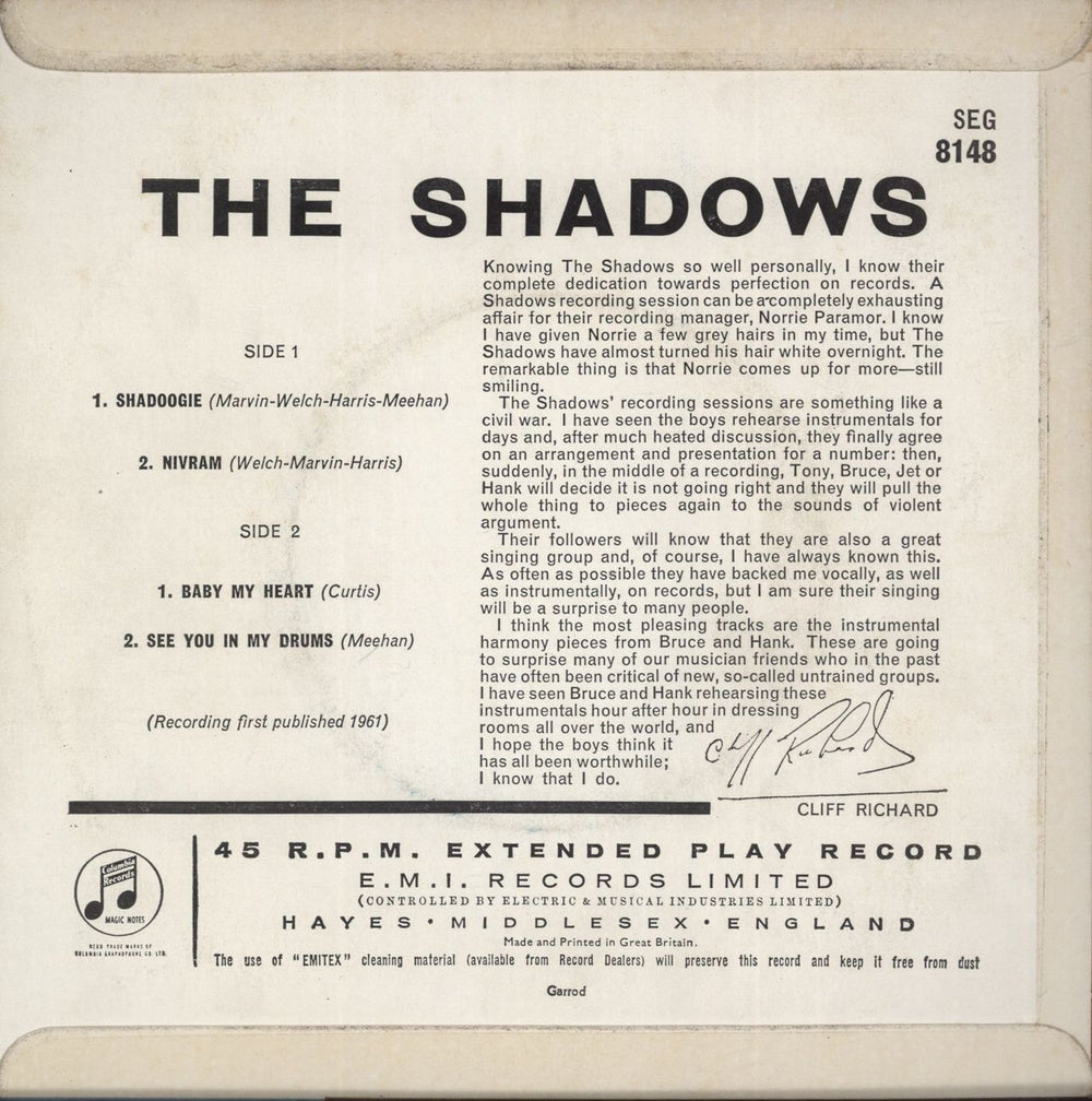 The Shadows The Shadows No. 2 - 1st UK 7" vinyl single (7 inch record / 45)