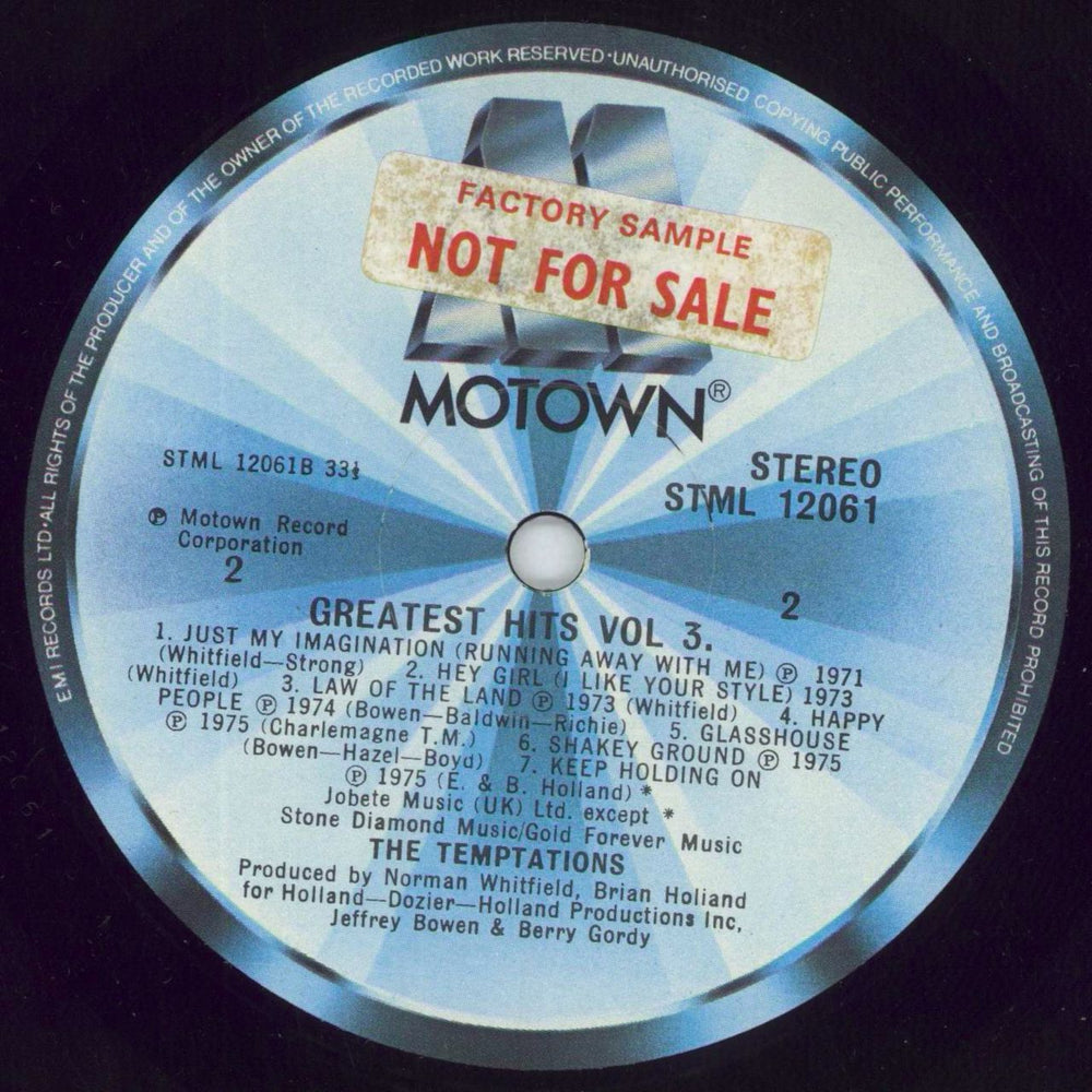 The Temptations Greatest Hits Vol. 3 - Factory Sample stickered UK vinyl LP album (LP record) TEMLPGR849178