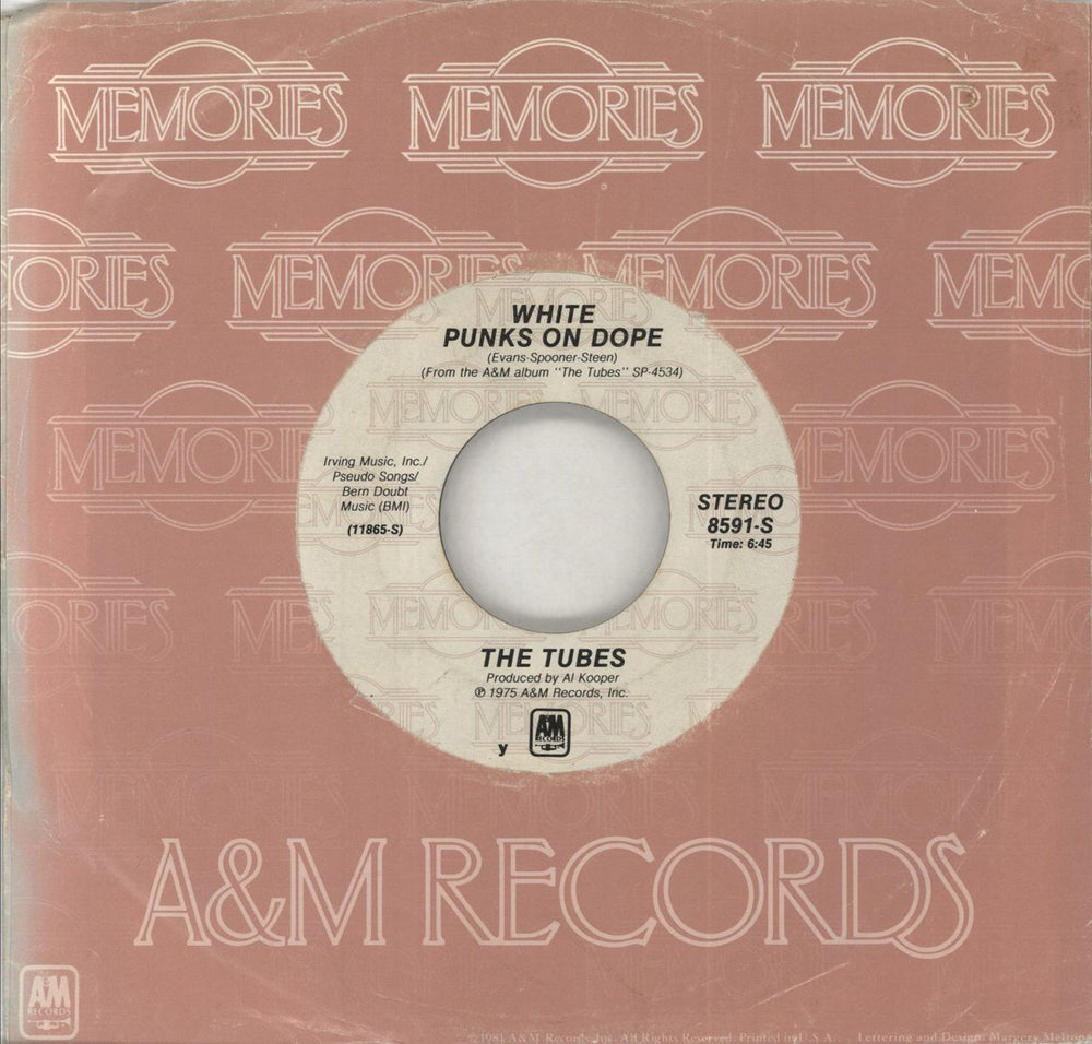 The Tubes White Punks On Dope UK 7" vinyl single (7 inch record / 45) 8591-S