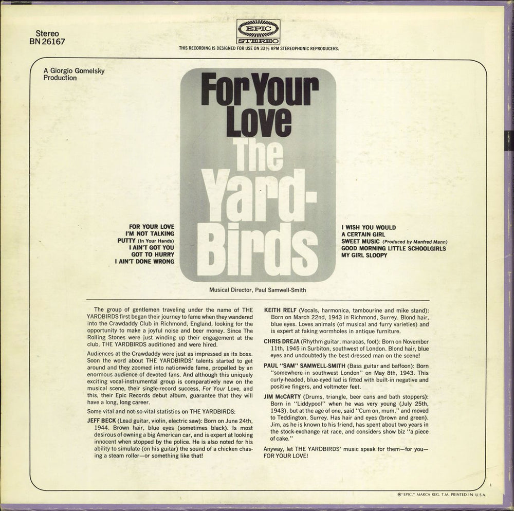 The Yardbirds For Your Love - 1st - VG/EX US vinyl LP album (LP record)