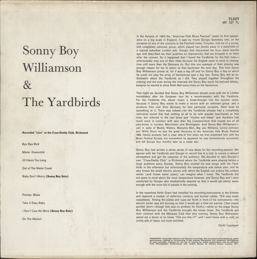 The Yardbirds Sonny Boy Williamson & The Yardbirds - 1st UK vinyl LP album (LP record)