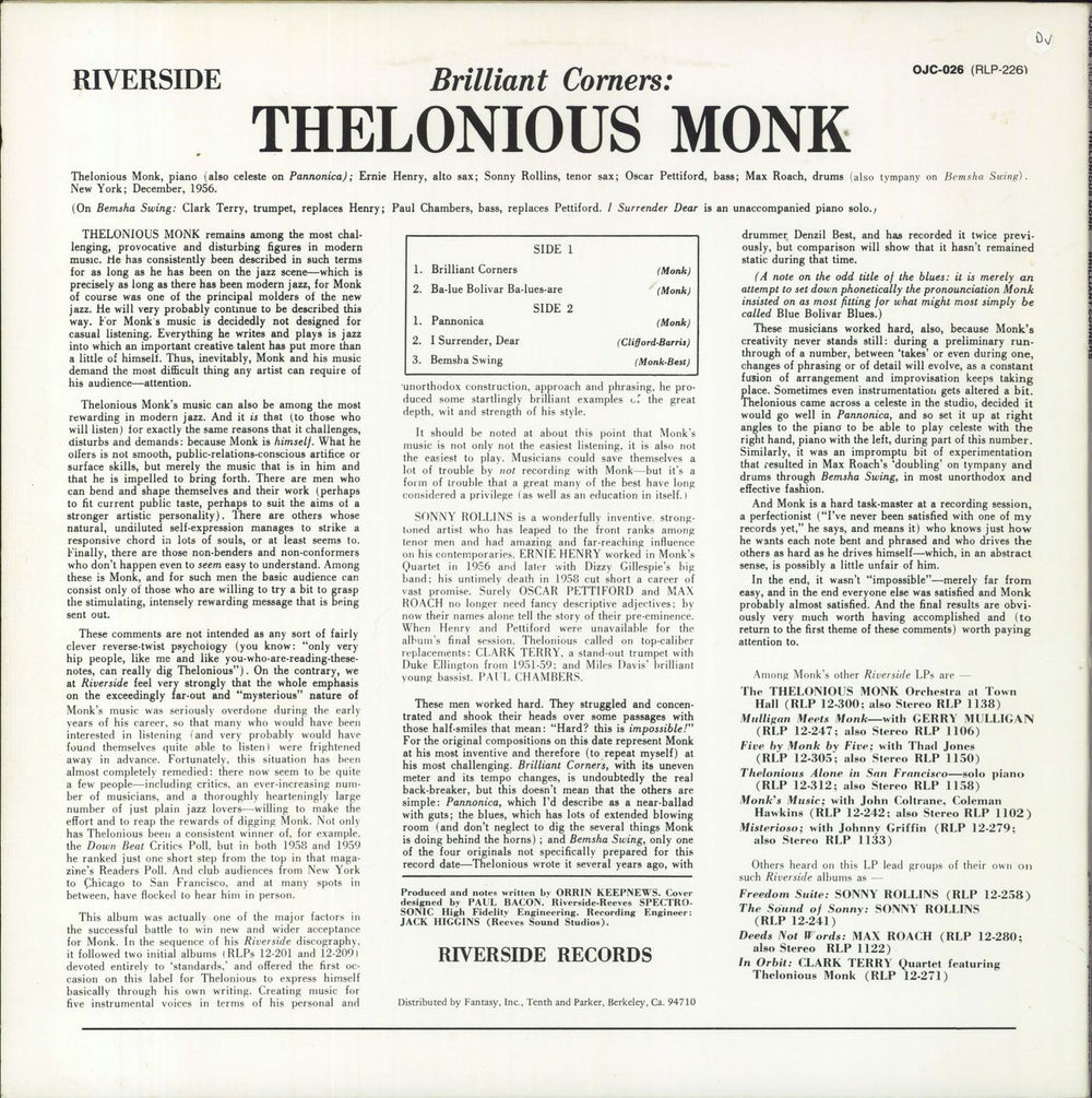 Thelonious Monk Brilliant Corners UK vinyl LP album (LP record) 025218602617