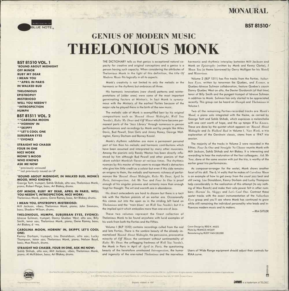 Thelonious Monk Genius Of Modern Music Volume One French vinyl LP album (LP record)