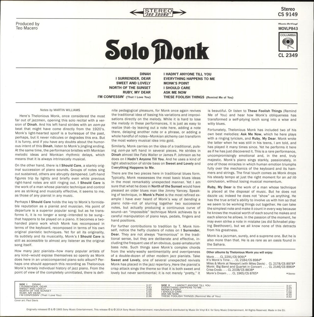 Thelonious Monk Solo - 180 Gram Vinyl US vinyl LP album (LP record) 8718469533374