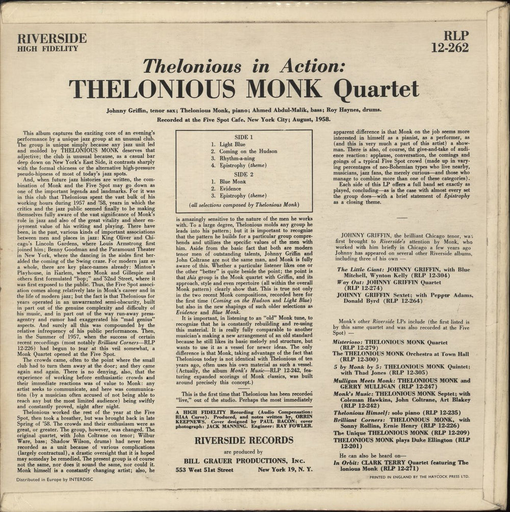 Thelonious Monk Thelonious In Action UK vinyl LP album (LP record)