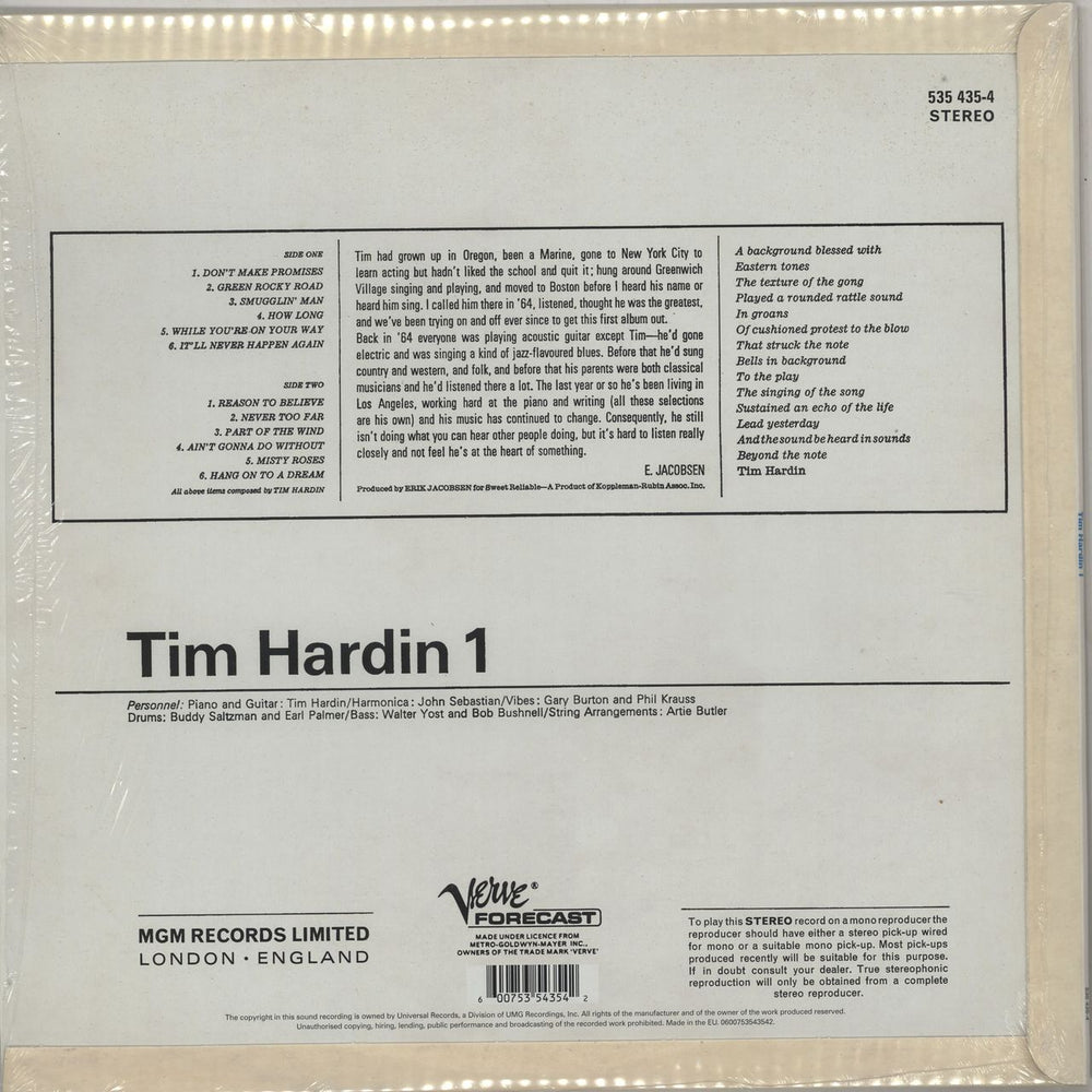 Tim Hardin Tim Hardin 1 - 180 Gram Vinyl UK vinyl LP album (LP record) 600753543542