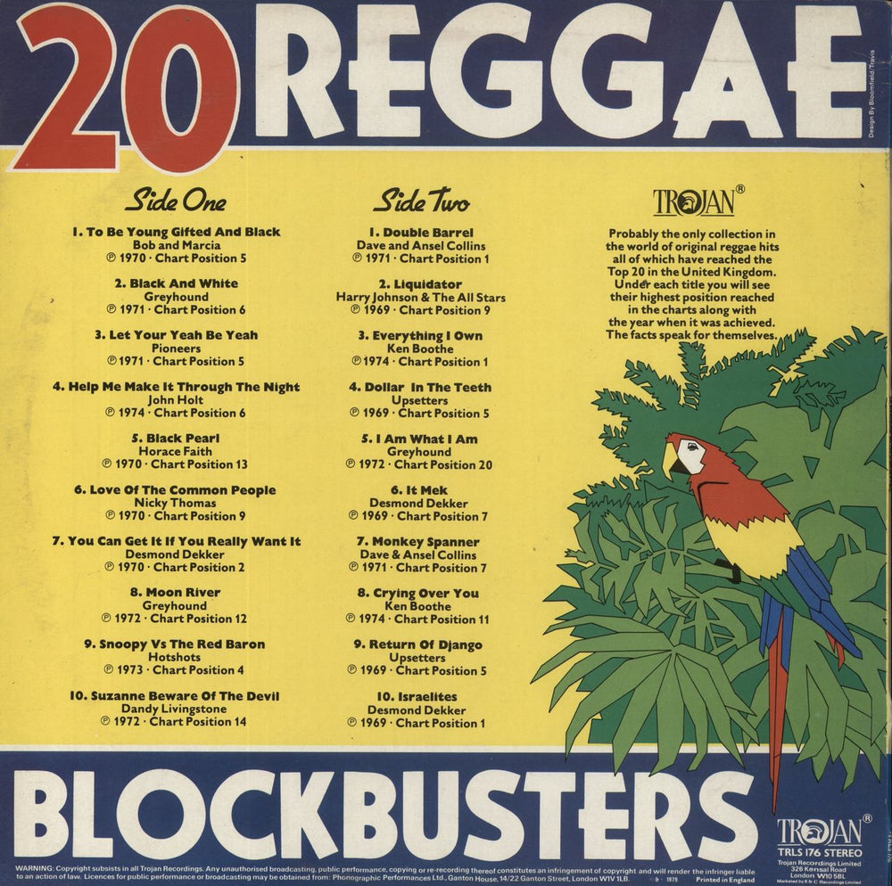 Trojan Records 20 Reggae Blockbusters UK vinyl LP album (LP record)