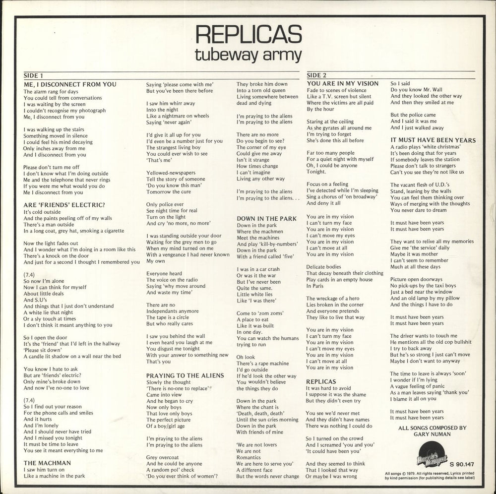 Tubeway Army Replicas + Inner Spanish vinyl LP album (LP record) 1979