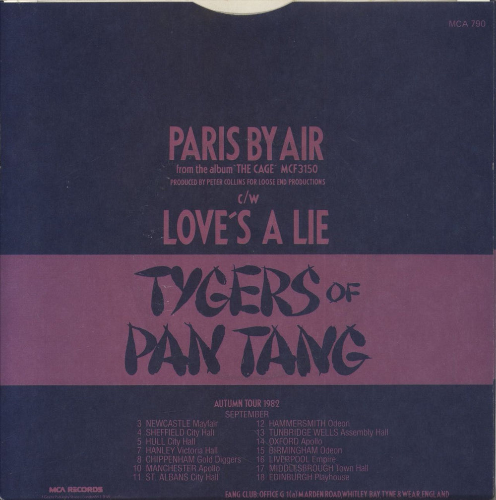 Tygers Of Pan Tang Paris By Air UK 7" vinyl single (7 inch record / 45)